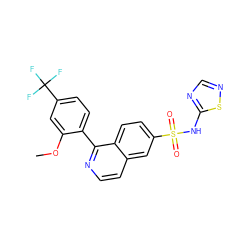 COc1cc(C(F)(F)F)ccc1-c1nccc2cc(S(=O)(=O)Nc3ncns3)ccc12 ZINC000215502731