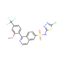 COc1cc(C(F)(F)F)ccc1-c1nccc2cc(S(=O)(=O)Nc3nnc(Cl)s3)ccc12 ZINC000225055631