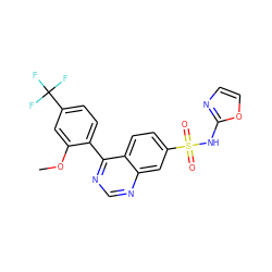 COc1cc(C(F)(F)F)ccc1-c1ncnc2cc(S(=O)(=O)Nc3ncco3)ccc12 ZINC000225050356