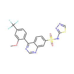 COc1cc(C(F)(F)F)ccc1-c1ncnc2cc(S(=O)(=O)Nc3nncs3)ccc12 ZINC000225062604