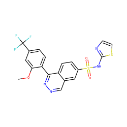 COc1cc(C(F)(F)F)ccc1-c1nncc2cc(S(=O)(=O)Nc3nccs3)ccc12 ZINC000215506192
