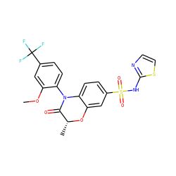COc1cc(C(F)(F)F)ccc1N1C(=O)[C@@H](C)Oc2cc(S(=O)(=O)Nc3nccs3)ccc21 ZINC000220243629