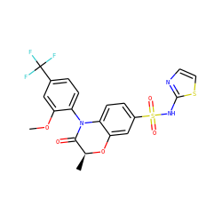 COc1cc(C(F)(F)F)ccc1N1C(=O)[C@H](C)Oc2cc(S(=O)(=O)Nc3nccs3)ccc21 ZINC000220243694