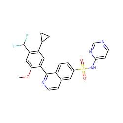 COc1cc(C(F)F)c(C2CC2)cc1-c1nccc2cc(S(=O)(=O)Nc3ccncn3)ccc12 ZINC000215518700