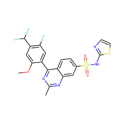 COc1cc(C(F)F)c(F)cc1-c1nc(C)nc2cc(S(=O)(=O)Nc3nccs3)ccc12 ZINC000225076273