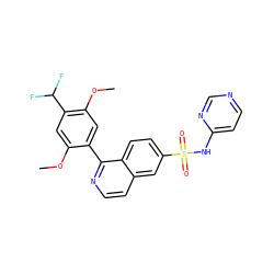 COc1cc(C(F)F)c(OC)cc1-c1nccc2cc(S(=O)(=O)Nc3ccncn3)ccc12 ZINC000225090992