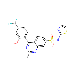 COc1cc(C(F)F)ccc1-c1nc(C)nc2cc(S(=O)(=O)Nc3nccs3)ccc12 ZINC000225059946