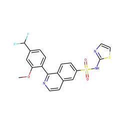 COc1cc(C(F)F)ccc1-c1nccc2cc(S(=O)(=O)Nc3nccs3)ccc12 ZINC000225040458