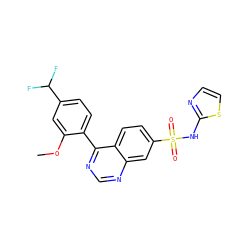 COc1cc(C(F)F)ccc1-c1ncnc2cc(S(=O)(=O)Nc3nccs3)ccc12 ZINC000225044217