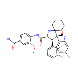 COc1cc(C(N)=O)ccc1NC(=O)[C@@H]1NC2(CCCCC2)[C@@]2(C(=O)Nc3cc(Cl)ccc32)[C@H]1c1cccc(Cl)c1F ZINC001772632204