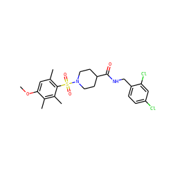 COc1cc(C)c(S(=O)(=O)N2CCC(C(=O)NCc3ccc(Cl)cc3Cl)CC2)c(C)c1C ZINC000040891677