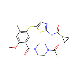COc1cc(C)c(Sc2cnc(NC(=O)C3CC3)s2)cc1C(=O)N1CCN(C(C)=O)CC1 ZINC000036184883