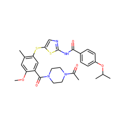 COc1cc(C)c(Sc2cnc(NC(=O)c3ccc(OC(C)C)cc3)s2)cc1C(=O)N1CCN(C(C)=O)CC1 ZINC000036184887