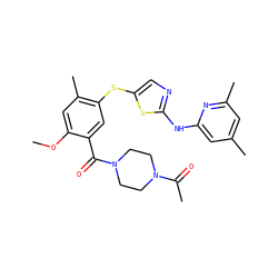 COc1cc(C)c(Sc2cnc(Nc3cc(C)cc(C)n3)s2)cc1C(=O)N1CCN(C(C)=O)CC1 ZINC000036184888