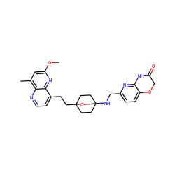 COc1cc(C)c2nccc(CCC34CCC(NCc5ccc6c(n5)NC(=O)CO6)(CC3)CO4)c2n1 ZINC000299858713