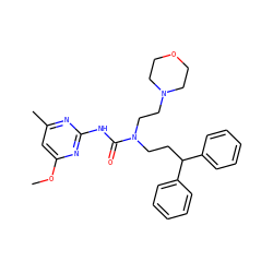 COc1cc(C)nc(NC(=O)N(CCC(c2ccccc2)c2ccccc2)CCN2CCOCC2)n1 ZINC000096258238