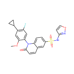 COc1cc(C2CC2)c(F)cc1-n1c(=O)ccc2cc(S(=O)(=O)Nc3ccon3)ccc21 ZINC001772587264