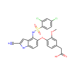COc1cc(CC(=O)O)ccc1Oc1ccc2[nH]c(C#N)cc2c1NS(=O)(=O)c1ccc(Cl)cc1Cl ZINC000117741861