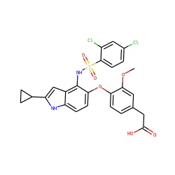 COc1cc(CC(=O)O)ccc1Oc1ccc2[nH]c(C3CC3)cc2c1NS(=O)(=O)c1ccc(Cl)cc1Cl ZINC000117752615