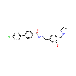 COc1cc(CCNC(=O)c2ccc(-c3ccc(Cl)cc3)cc2)ccc1CN1CCCC1 ZINC000038841158