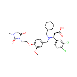 COc1cc(CN(CC2CCCCC2)[C@@H](CC(=O)O)c2ccc(Cl)c(Cl)c2)ccc1OCCN1C(=O)CN(C)C1=O ZINC000225113779
