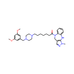 COc1cc(CN2CCN(CCCCCCC(=O)N3Cc4cnn(C)c4Nc4ccccc43)CC2)cc(OC)c1 ZINC000653696846
