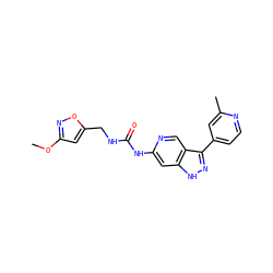 COc1cc(CNC(=O)Nc2cc3[nH]nc(-c4ccnc(C)c4)c3cn2)on1 ZINC000261109236