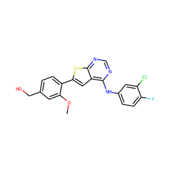 COc1cc(CO)ccc1-c1cc2c(Nc3ccc(F)c(Cl)c3)ncnc2s1 ZINC000653707444