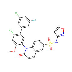 COc1cc(Cl)c(-c2cc(F)cc(Cl)c2)cc1-n1c(=O)ccc2cc(S(=O)(=O)Nc3ccon3)ccc21 ZINC001772603296