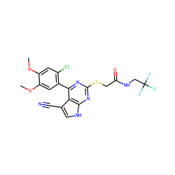 COc1cc(Cl)c(-c2nc(SCC(=O)NCC(F)(F)F)nc3[nH]cc(C#N)c23)cc1OC ZINC000059112319