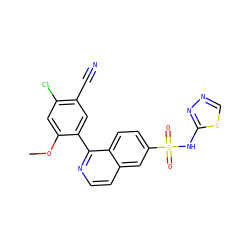 COc1cc(Cl)c(C#N)cc1-c1nccc2cc(S(=O)(=O)Nc3nncs3)ccc12 ZINC000215512002