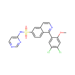 COc1cc(Cl)c(Cl)cc1-c1nccc2cc(S(=O)(=O)Nc3ccncn3)ccc12 ZINC000225070977