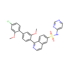 COc1cc(Cl)ccc1-c1ccc(-c2nccc3cc(S(=O)(=O)Nc4ccncn4)ccc23)c(OC)c1 ZINC000215518839