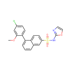 COc1cc(Cl)ccc1-c1cccc2cc(S(=O)(=O)Nc3ncco3)ccc12 ZINC000206131789