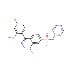 COc1cc(Cl)ccc1-c1ncc(F)c2cc(S(=O)(=O)Nc3ccncn3)ccc12 ZINC000215503495