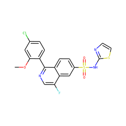COc1cc(Cl)ccc1-c1ncc(F)c2cc(S(=O)(=O)Nc3nccs3)ccc12 ZINC000225055748