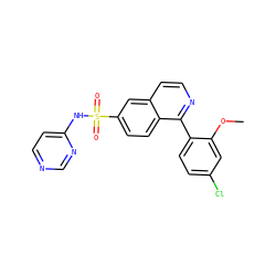 COc1cc(Cl)ccc1-c1nccc2cc(S(=O)(=O)Nc3ccncn3)ccc12 ZINC000215502932