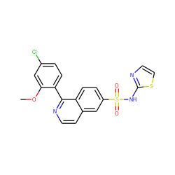 COc1cc(Cl)ccc1-c1nccc2cc(S(=O)(=O)Nc3nccs3)ccc12 ZINC000215503005