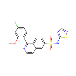COc1cc(Cl)ccc1-c1nccc2cc(S(=O)(=O)Nc3ncns3)ccc12 ZINC000215514193