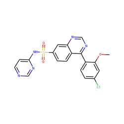 COc1cc(Cl)ccc1-c1ncnc2cc(S(=O)(=O)Nc3ccncn3)ccc12 ZINC000215524104