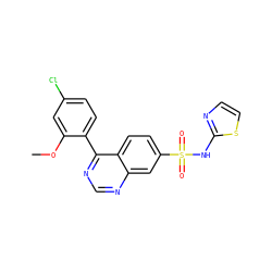 COc1cc(Cl)ccc1-c1ncnc2cc(S(=O)(=O)Nc3nccs3)ccc12 ZINC000225077006