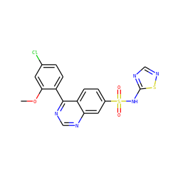 COc1cc(Cl)ccc1-c1ncnc2cc(S(=O)(=O)Nc3ncns3)ccc12 ZINC000215523895