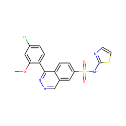 COc1cc(Cl)ccc1-c1nncc2cc(S(=O)(=O)Nc3nccs3)ccc12 ZINC000215506116