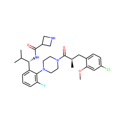 COc1cc(Cl)ccc1C[C@@H](C)C(=O)N1CCN(c2c(F)cccc2[C@@H](NC(=O)C2CNC2)C(C)C)CC1 ZINC000042889080