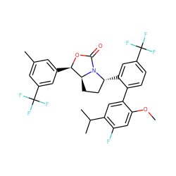 COc1cc(F)c(C(C)C)cc1-c1ccc(C(F)(F)F)cc1[C@@H]1CC[C@H]2[C@@H](c3cc(C)cc(C(F)(F)F)c3)OC(=O)N12 ZINC000169709053