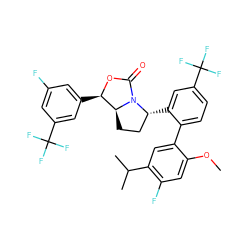 COc1cc(F)c(C(C)C)cc1-c1ccc(C(F)(F)F)cc1[C@@H]1CC[C@H]2[C@@H](c3cc(F)cc(C(F)(F)F)c3)OC(=O)N12 ZINC000169709054