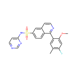 COc1cc(F)c(C)cc1-c1nccc2cc(S(=O)(=O)Nc3ccncn3)ccc12 ZINC000225079124
