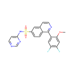 COc1cc(F)c(F)cc1-c1nccc2cc(S(=O)(=O)Nc3ccncn3)ccc12 ZINC000206093440