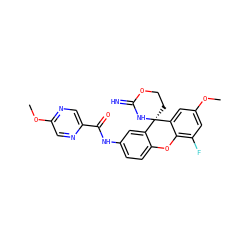 COc1cc(F)c2c(c1)[C@@]1(CCOC(=N)N1)c1cc(NC(=O)c3cnc(OC)cn3)ccc1O2 ZINC001772580098