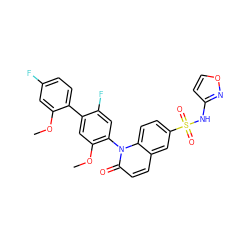 COc1cc(F)ccc1-c1cc(OC)c(-n2c(=O)ccc3cc(S(=O)(=O)Nc4ccon4)ccc32)cc1F ZINC001772655619